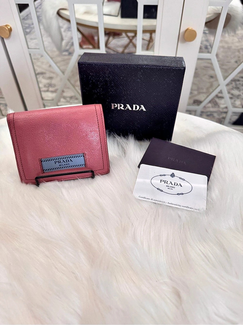 Prada Glace Calf City Bifold Wallet in Pink & Blue